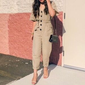 Zara Tan Button-Front Utility Jumpsuit with Tie Waist